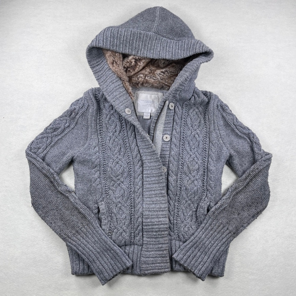 American Eagle Gray Cable Knit Faux Fur Hooded Cardigan Sweater Alpaca Angora L